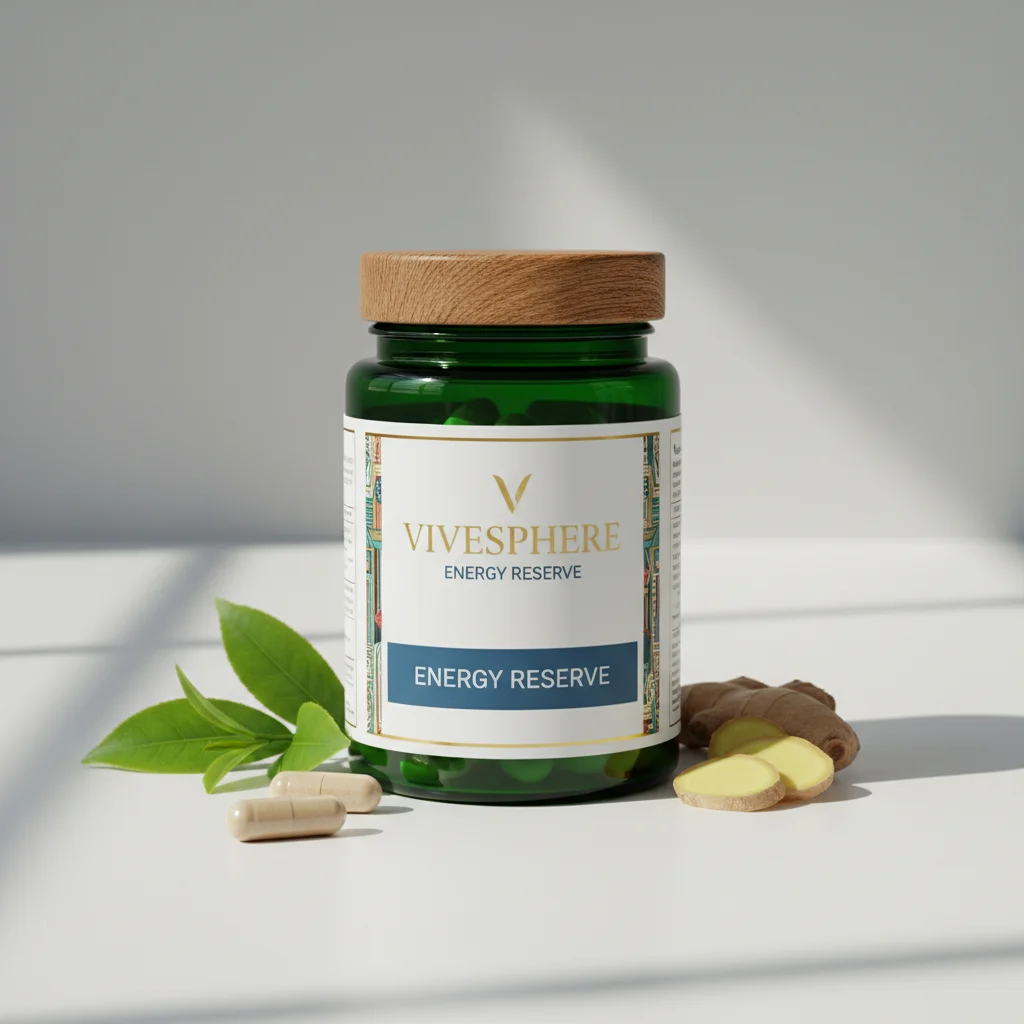 ViveSphere Energy Reserve - tummavihreä lasipurkki hopeisella kannella, ravintolisä